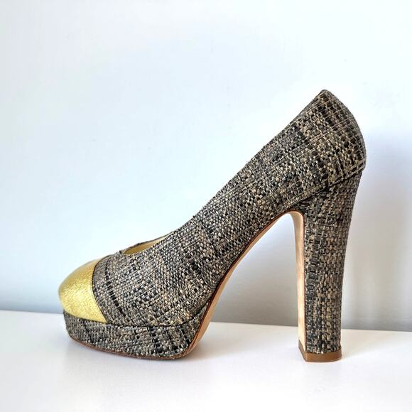 CHANEL Grey Raffia Tweed Patent Leather Cap Toe Platform Heel Pumps IT 36 - Picture 1 of 15